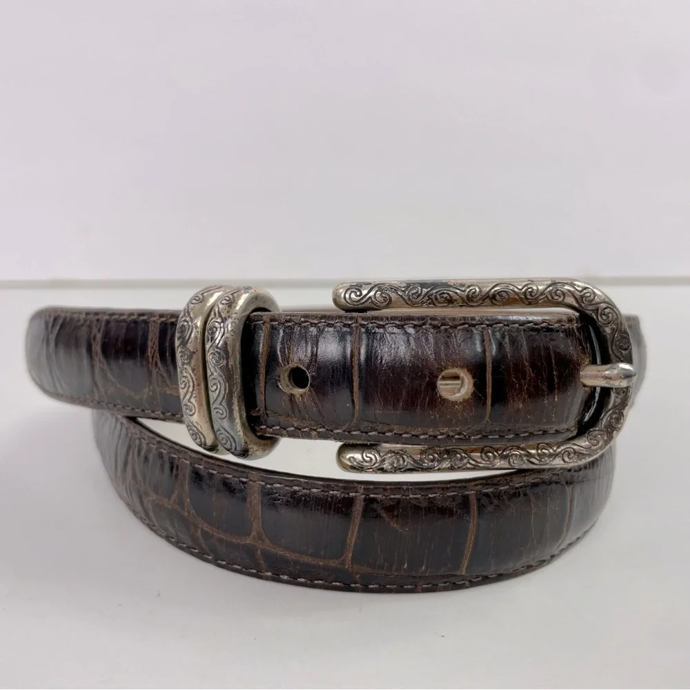 Vintage Dark Brown Croc Texture‎ Leather Thin Belt